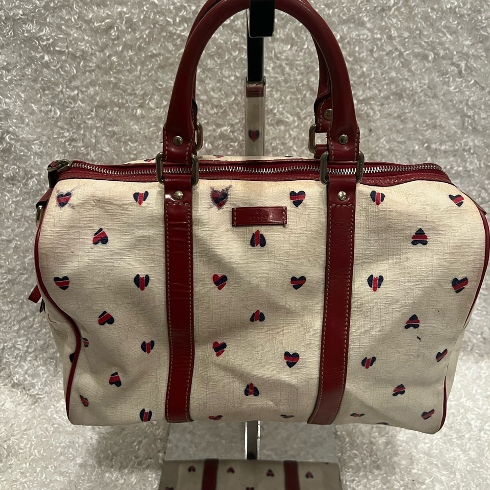 Authentic Gucci White Red Blue Heart Coated Canvas Joy Boston Bag Satchel.